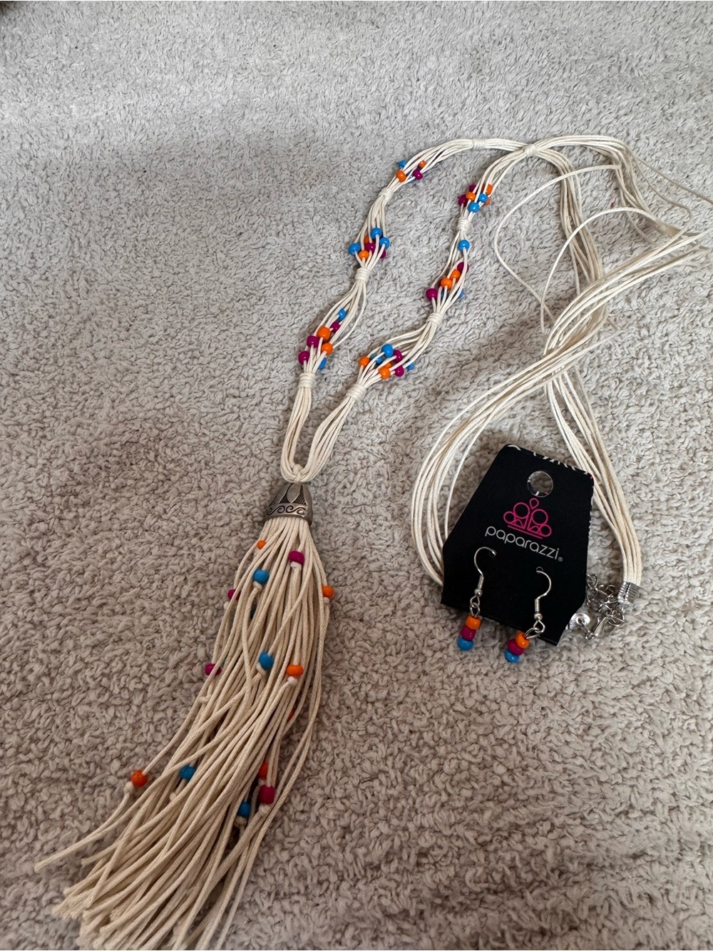 Paparazzi Cream Tassel Necklace with Blue, Pink and Orange Beads